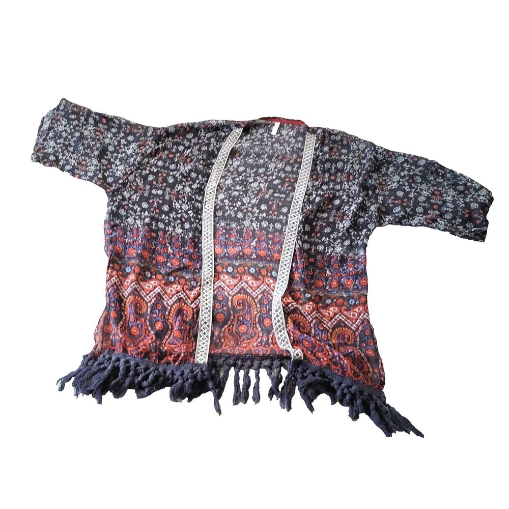 Xhilaration Kimono Jacket Womens Large Multicolor Fringe Tassel Boho Goth Festiv